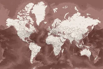 Wall art featuring a detailed world map in maroon with ocean floor