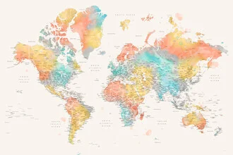 Colorful watercolor world map with cities and intricate details.