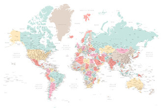 Rosana Laiz García, Detailgetreue Weltkarte mit Städtenamen und Ländern farbig gekennzeichnet (Spanien, Europa)