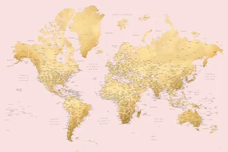 Illustrated world map with cities in gold and pink, soft colors and clear lines.