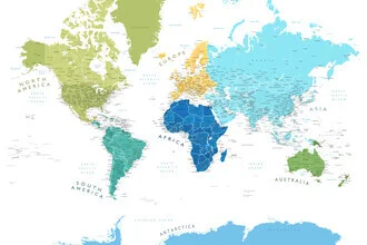 Illustration of a detailed world map featuring continents in watercolor style.