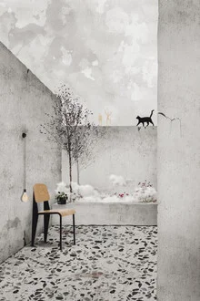 Illustration by Adriana Pascale: contemplative scene with a black cat and chair