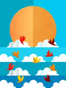 Colorful illustration of birds joyfully flying through clouds.
