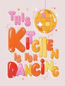 Colorful wall art depicting a joyful dance scene in a welcoming kitchen