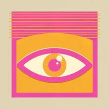Colorful wall art featuring a smiling pink eye with cheerful colors.