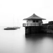 Photo art by Florian Fahlenbock: serene boathouse at Lake Constance in black and white