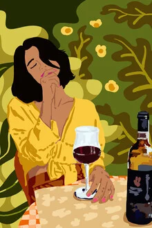 Illustration by Uma Gokhale: colorful depiction of a woman with wine in nature