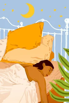 Illustration by Uma Gokhale: Woman with plants and moon, calm atmosphere.