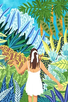 Illustration by Uma Gokhale: Woman in a colorful jungle filled with plants