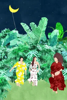 Illustration of a woman with a kite in the jungle under moonlight