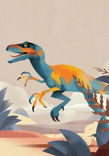 Illustration eines Velociraptors mit lebhaften Farben und freundlicher Ausstrahlung.