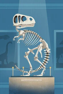 Illustration of a T-Rex skeleton displayed in a museum.