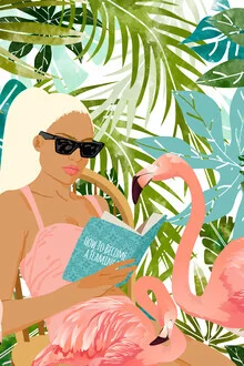 Wall art by Uma Gokhale: a woman in a tropical setting with a flamingo.