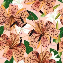 Wall art featuring a floral pattern of tiger lilies in soft colors