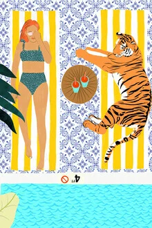 Wall art of a woman with a tiger in water, cheerful summer vibe.