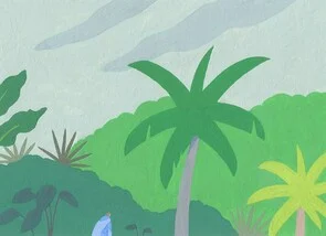 Illustration by Loulou Elliott: tropical plants and trees in a humid atmosphere