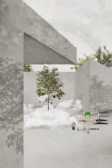 Wall art by Adriana Pascale: abstract architecture with soft colors and nature elements