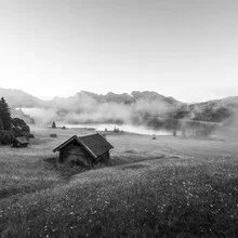Landscape photo: tranquil lake at sunrise, surrounded by soft wisps of fog.