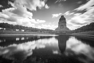 Black and white photo art of the Monument to the Battle of Nations in Leipzig, monumental and calm.