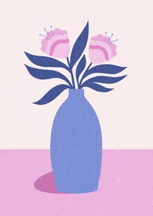 Wall art featuring abstract flowers and leaves in a blue vase
