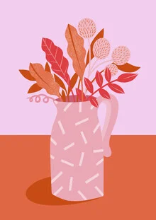 Wall art featuring colorful leaves in a pink patterned jug.