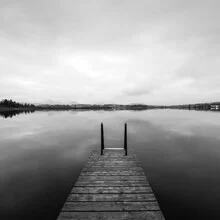 Photo art: Young person joyfully jumping into the calm water of a lake.
