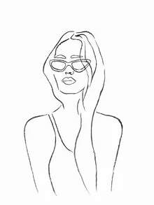 Wall art by Christina Wolff: woman at the beach wearing sunglasses and a bikini, relaxed summer vibe.