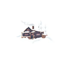 Illustration of a winter cabin in the snow with a minimalist design and calm mood.