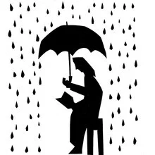 Illustration of a person reading a book under an umbrella in the rain.