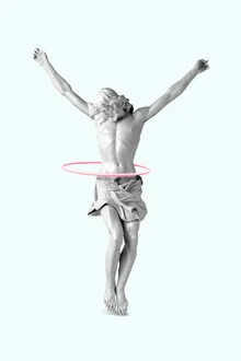 Wall art featuring a humorous depiction of Jesus playing with a hula hoop.