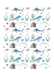 Wall art with watercolor: playful fishes in a calm ocean