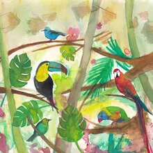 Wall art featuring tropical birds, vibrant colors and playful composition