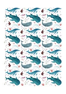 Illustration of whales in soft watercolors, depicting a serene underwater world