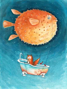 Illustration of a puffer fish in vibrant colors with a playful, dreamy style.