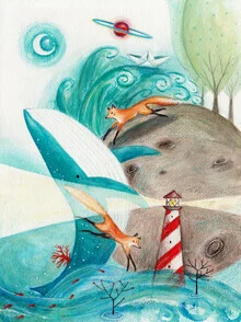 Wall art featuring a whimsical planet and a whale, soft colors and playful style