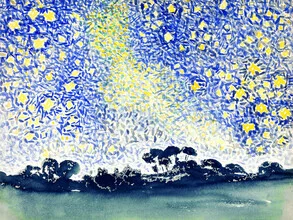 Illustration by Henri-Edmond Cross: serene landscape with sparkling stars