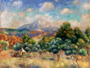 Illustration by Pierre-Auguste Renoir: mountain landscape with gentle hills and calm sky