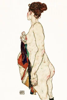 Illustration von Egon Schiele: stehende nackte Frau in gemusterter Robe.