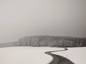 Photo art by Lena Weisbek: gentle curves of a snowy road through the woods