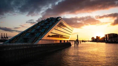Photo art by Nils Steiner: view of Hamburg harbor at sunset.