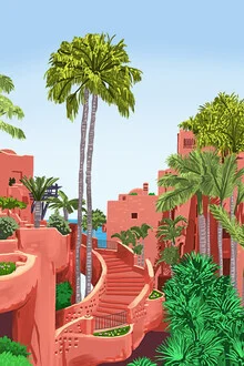 Wall art by Uma Gokhale: tropical architecture with vibrant colors and modern style
