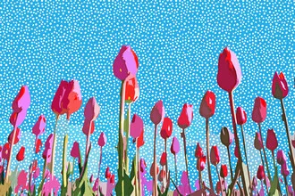 Wall art featuring colorful tulips in a sunny spring meadow, cheerful mood.