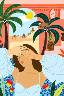 Colorful illustration featuring a woman, camel, and monkey in a tropical desert landscape.