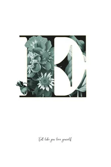 Illustration by Froilein Juno: letter E adorned with flowers and leaves in a boho style