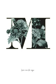 Illustrated flower letter M featuring plants and birds by Froilein Juno