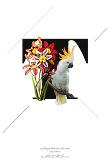 Illustration by Froilein Juno: botanical alphabet T featuring flowers and a bird