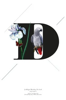 Wall art featuring botanical Alphabet D: flowers and a bird in soft colors