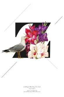 Illustration by Froilein Juno: botanical alphabet Z featuring flowers and birds