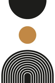 Illustrated abstract art featuring geometric shapes in copper and gold tones
