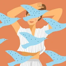 Illustration by Uma Gokhale: Woman in a meditative pose surrounded by birds.